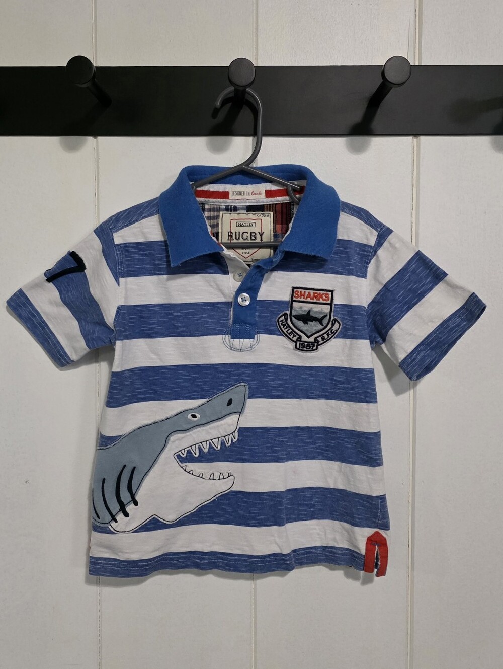 Hatley Blue & White Striped Shark Rugby Polo Size 4